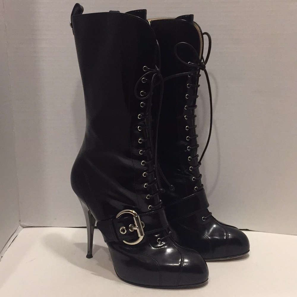 Giuseppe Zanotti Black Lace-Up Leather Stiletto Boots with Buckle